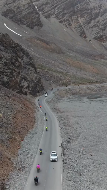 Vertical Aerial View of Tourist Bikers Riding Through Ladakh, India