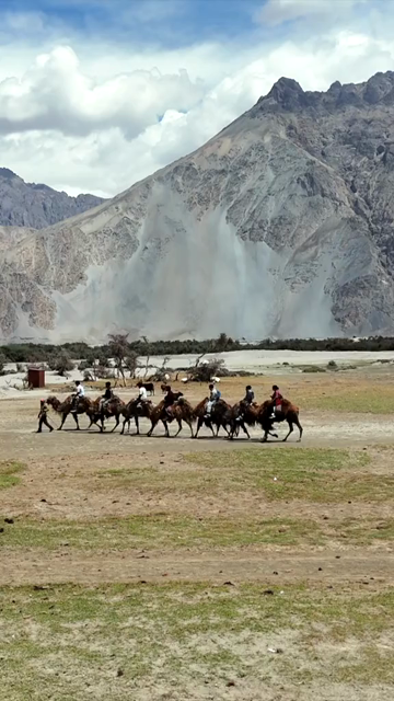 Vertical Aerial View of Tourists Enjoying Camel Ride in Nubra Valley Ladakh India