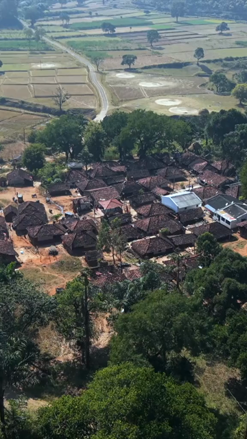 Vertical Aerial View of Traditional Tribal Village in Madhya Pradesh India