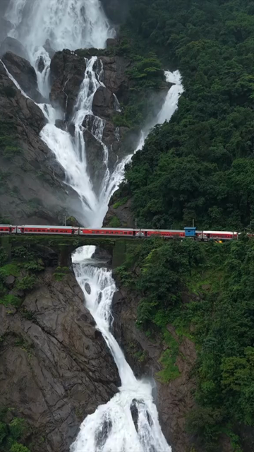 Vertical Aerial View of Train Crossing Dudhsagar Waterfall in Goa India