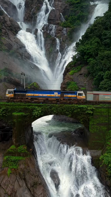 Vertical Aerial View of Train Crossing Dudhsagar Waterfall in Goa India