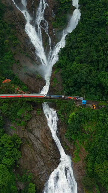 Vertical Aerial View of Train Crossing Dudhsagar Waterfall in Goa India