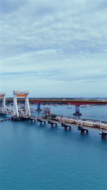 Vertical Aerial View of Train Crossing Pamban Bridge Tamil Nadu India