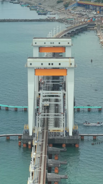 Vertical Aerial View of Train Crossing Pamban Bridge Tamil Nadu India