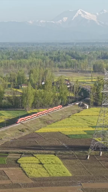 Vertical Aerial View of Train Passing Through Pampore Kashmir Valley India