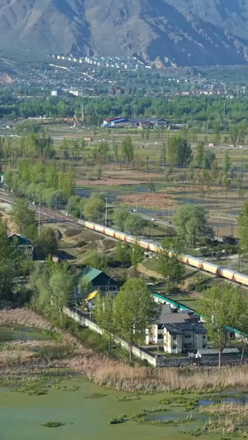 Vertical Aerial View of Train Passing Through Pampore Kashmir Valley India