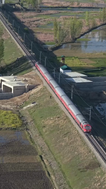 Vertical Aerial View of Train Passing Through Pampore Kashmir Valley India