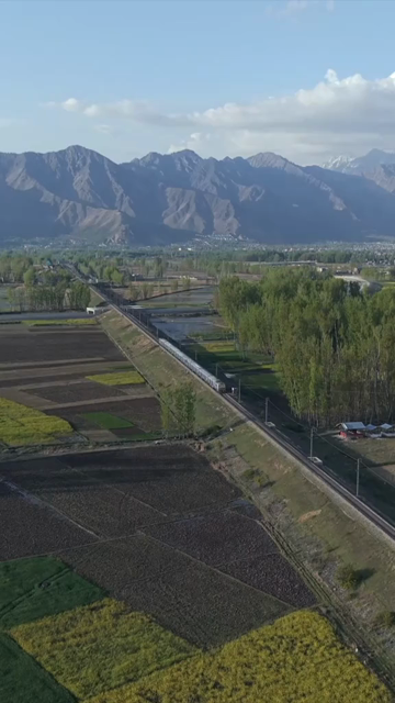 Vertical Aerial View of Train Passing Through Pampore Kashmir Valley India