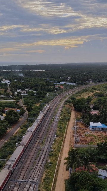 Vertical Aerial View of Train and Coastal Landscape with Mountains in Kanyakumari Tamil Nadu