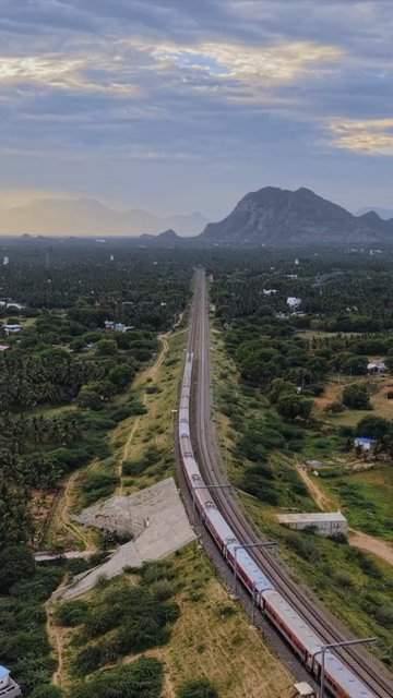 Vertical Aerial View of Train and Coastal Landscape with Mountains in Kanyakumari Tamil Nadu