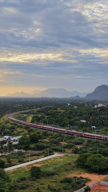 Vertical Aerial View of Train and Coastal Landscape with Mountains in Kanyakumari Tamil Nadu