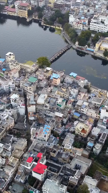 Vertical Aerial View of Udaipur City and Lake Pichola Rajasthan India