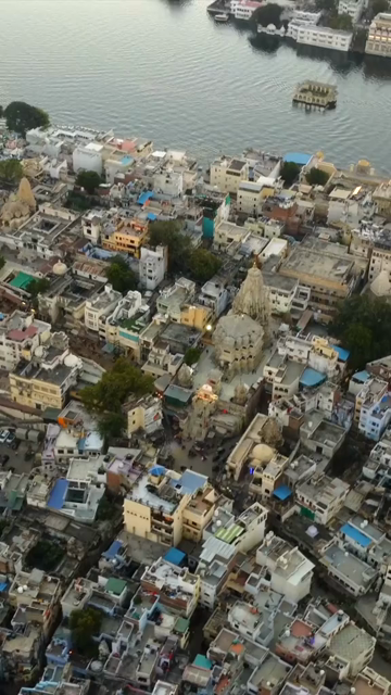 Vertical Aerial View of Udaipur City and Lake Pichola Rajasthan India