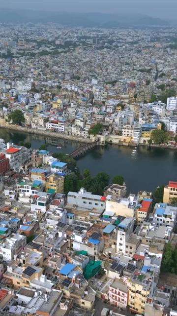 Vertical Aerial View of Udaipur City and Lake Pichola Rajasthan India