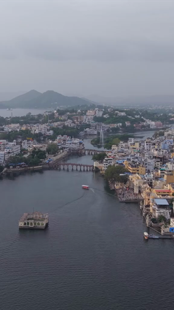 Vertical Aerial View of Udaipur City and Lake Pichola Rajasthan India