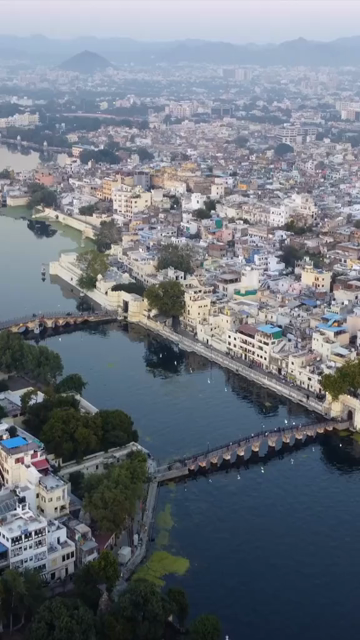 Vertical Aerial View of Udaipur City and Lake Pichola Rajasthan India