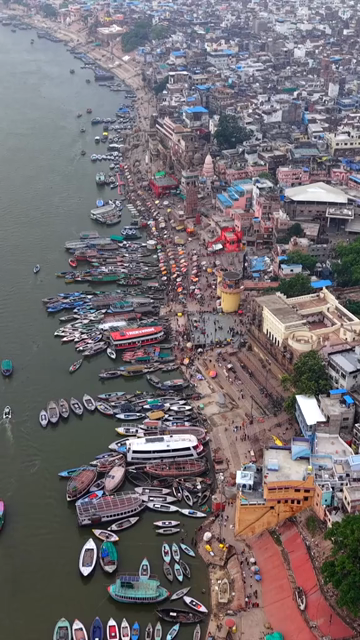 Vertical Aerial View of Varanasi Ganga Ghats Uttar Pradesh India