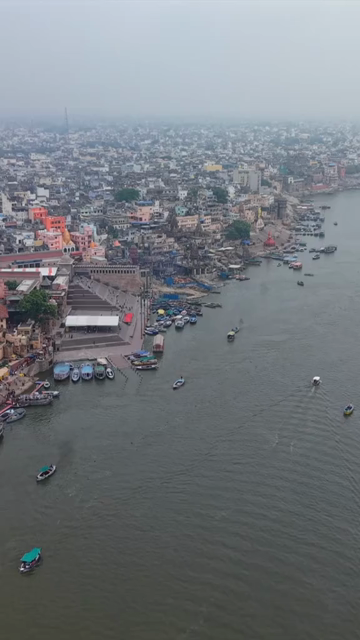 Vertical Aerial View of Varanasi Ganga Ghats Uttar Pradesh India