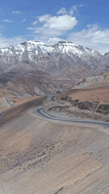 Vertical Aerial View of Vehicle on Mountain Road in Ladakh, India