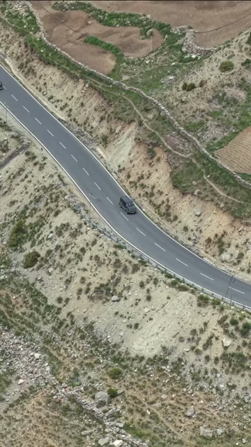 Vertical Aerial View of Vehicle on Mountain Road in Ladakh, India
