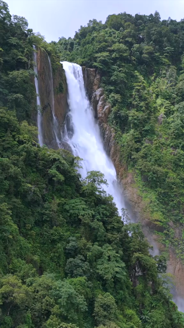Vertical Aerial View of Waterfall in Western Ghats Forest Karnataka India