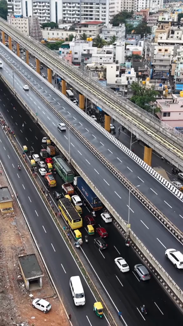 Vertical Aerial View of Waterlogged Road and Metro Corridor After Heavy Rain in Bengaluru India