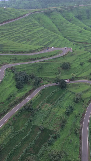 Vertical Aerial View of Winding Mountain Road on Gudhe Panchgani Plateau Sangli Maharashtra