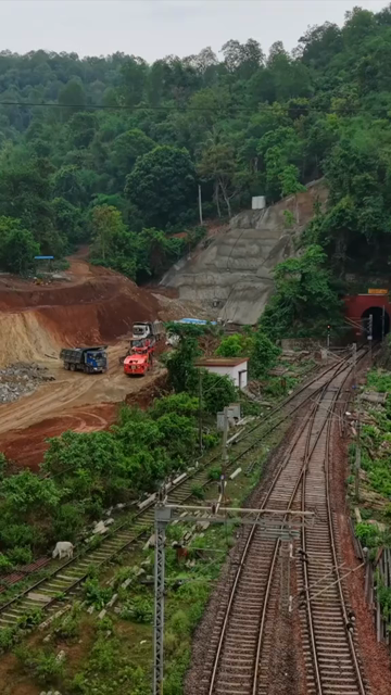 Vertical Aerial View of Kottavalasa–Kirandul Railway Tunnel Construction and Tracks, Andhra Pradesh