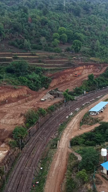 Vertical Aerial View of Kottavalasa–Kirandul Railway Tunnel Construction and Tracks, Andhra Pradesh