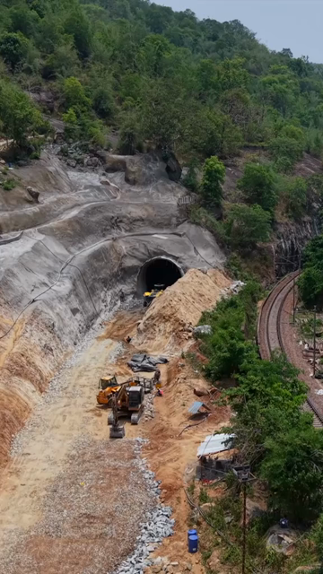 Vertical Aerial View of Kottavalasa–Kirandul Railway Tunnel Construction and Tracks, Andhra Pradesh