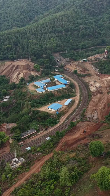 Vertical Aerial View of Kottavalasa–Kirandul Railway Tunnel Construction and Tracks, Andhra Pradesh