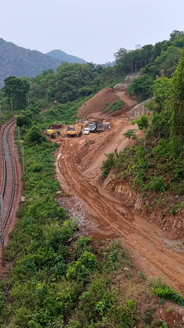 Vertical Aerial View of Kottavalasa–Kirandul Railway Tunnel Construction and Tracks, Andhra Pradesh