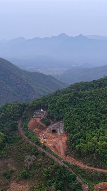 Vertical Aerial View of Kottavalasa–Kirandul Railway Tunnel Construction and Tracks, Andhra Pradesh
