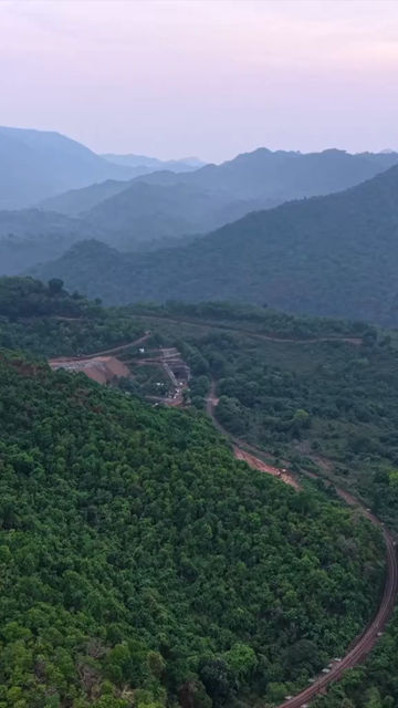 Vertical Aerial View of Kottavalasa–Kirandul Railway Tunnel Construction and Tracks, Andhra Pradesh