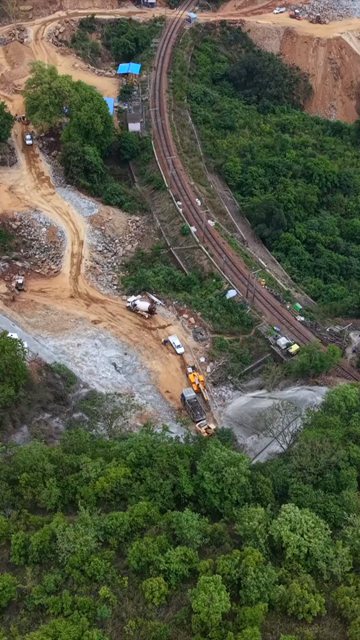 Vertical Aerial View of Kottavalasa–Kirandul Railway Tunnel Construction and Tracks, Andhra Pradesh