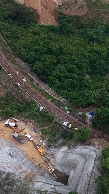 Vertical Aerial View of Kottavalasa–Kirandul Railway Tunnel Construction and Tracks, Andhra Pradesh
