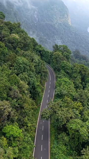 Vertical Aerial View of Sharavathi Valley, River, Misty Forested Mountains Karnataka