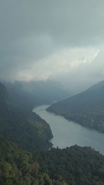 Vertical Aerial View of Sharavathi Valley, River, Misty Forested Mountains Karnataka