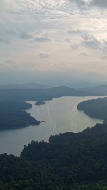 Vertical Aerial View of Sharavathi Valley, River, Misty Forested Mountains Karnataka