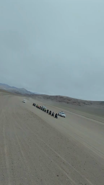 Vertical FPV Drone View of Adventure Motorcyclists Crossing Desert Plains in Ladakh