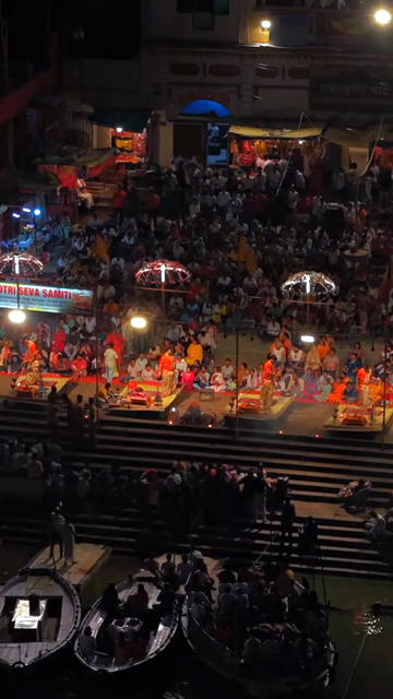 Vertical Night Aerial View of Ganga Aarti at Dashashwamedh Ghat Varanasi