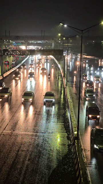 Vertical Night View of Highway Traffic in Rain