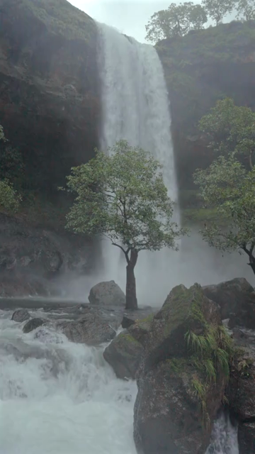 Vertical Shot of Bhandardara Waterfall and Monsoon River Maharashtra India