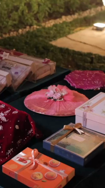 Vertical Slow Motion Shot of Decorative Gift Hampers at an Indian Wedding