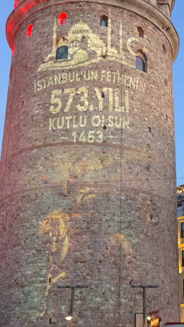 Vertical View of Galata Tower Illuminated at Dusk in Istanbul Turkey