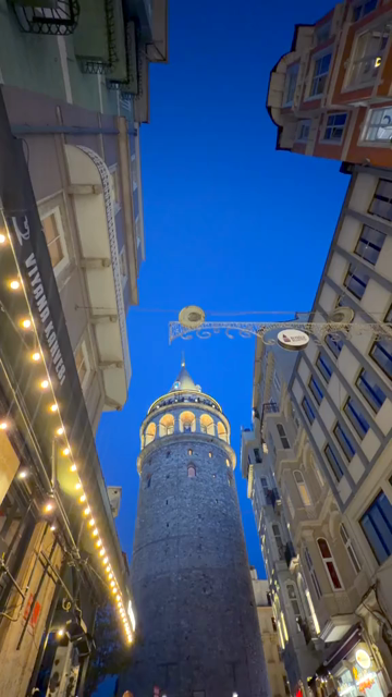 Vertical View of Galata Tower Illuminated at Dusk in Istanbul Turkey