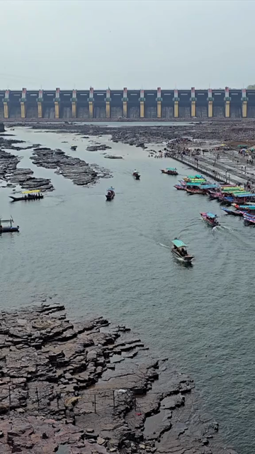 Vertical View of Omkareshwar Jyotirlinga and Narmada River, India