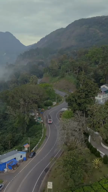 Vertical aerial view of winding roads through lush tea plantations in Munnar Kerala India