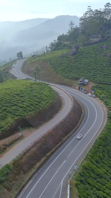 Vertical aerial view of winding roads through lush tea plantations in Munnar Kerala India